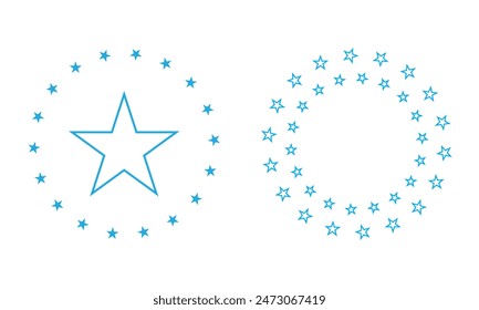 Estrellas de varios tamaños dispuestas en círculo. Marco redondo, borde. Elemento de diseño, adorno. Forma de estrella negra, símbolo simple. Ilustración vectorial.