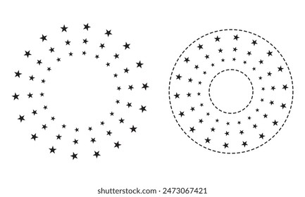 Stars of various sizes arranged in a circle. Round frame, border. Design element, ornament. Black star shape, simple symbol. Vector illustration.