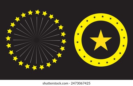 Stars of various sizes arranged in a circle. Round frame, border. Design element, ornament. Black star shape, simple symbol. Vector illustration.