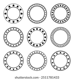 Stars of various sizes arranged in a circle. Round frame, border. Black star shape, simple symbol. Vintage logo, logotype design element, ornament. Vector illustration