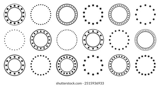 Stars of various sizes arranged in a circle. Round frame, border. Black star shape, simple symbol. Vintage logo, logotype design element, ornament. Vector illustration