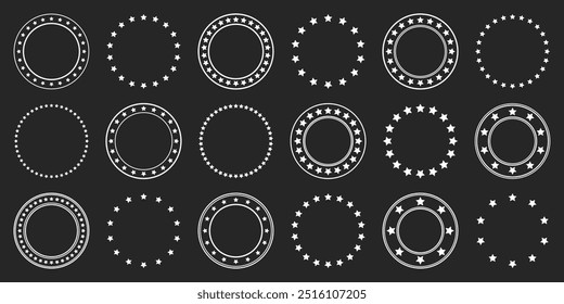 Stars of various sizes arranged in a circle. Round frame, border. Black star shape, simple symbol. Vintage logo, logotype design element, ornament. Vector illustration