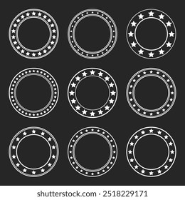 Stars of various sizes arranged in a circle. Round frame, border. Black star shape, simple symbol. Vintage logo, logotype design element, ornament. Vector illustration