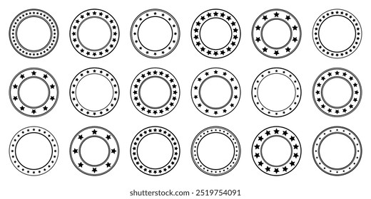 Stars of various sizes arranged in a circle. Round frame, border. Black star shape, simple symbol. Vintage logo, logotype design element, ornament. Vector illustration