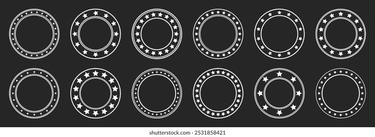Stars of various sizes arranged in a circle. Round frame, border. Black star shape, simple symbol. Vintage logo, logotype design element, ornament. Vector illustration