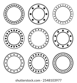Estrellas de varios tamaños dispuestas en círculo. Marco redondo, borde. Forma de estrella negra, símbolo simple. Logotipo de Antiguas, elemento de diseño de logotipo, adorno. Ilustración vectorial
