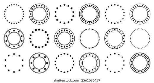 Stars of various sizes arranged in a circle. Round frame, border. Black star shape, simple symbol. Vintage logo, logotype design element, ornament. Vector illustration