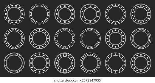 Stars of various sizes arranged in a circle. Round frame, border. Black star shape, simple symbol. Vintage logo, logotype design element, ornament. Vector illustration