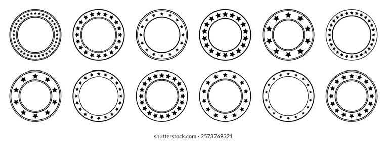 Stars of various sizes arranged in a circle. Round frame, border. Black star shape, simple symbol. Vintage logo, logotype design element, ornament. Vector illustration
