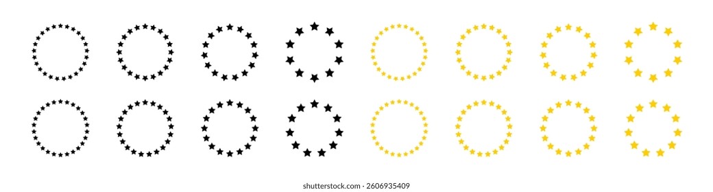 Stars of various sizes arranged in a circle. Black and gold star shape. Vector illustration
