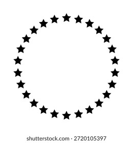 Estrellas de varios tamaños dispuestas en círculo. Marco redondo, borde. Contorno de estrella negra, símbolo simple. Elemento de diseño, adorno. Arte lineal. Ilustración vectorial
