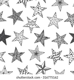 Stars - Vector Black and white Seamless pattern. Stars with different patterns. Hand drawn doodle Stars.