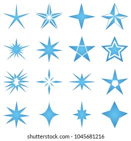 Stars vector icon background set blue color. Winter white christmas snow flake crystal element. Weather illustration ice collection. Xmas frost flat isolated silhouette symbol