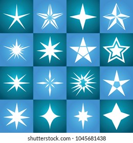 Stars vector icon background set blue color. Winter white christmas snow flake crystal element. Weather illustration ice collection. Xmas frost flat isolated silhouette symbol