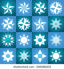 Stars vector icon background set blue color. Winter white christmas snow flake crystal element. Weather illustration ice collection. Xmas frost flat isolated silhouette symbol