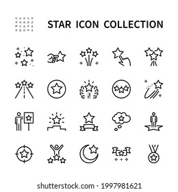 Estrellas de iconos lineales vectoriales. Simple Juego de Estrella. Contiene iconos como fuegos artificiales, medallas, clasificación, premios, flash y más. Colección aislada de estrellas para sitios web icono sobre fondo blanco.