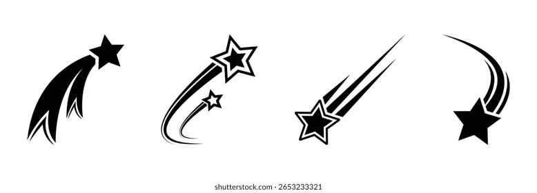 Logotipo do vetor de estrelas. Ícone de estrelas cadentes conjunto de vetores. Ícone de estrelas caindo pretas. Meteoritos e símbolos de cometa. Silhueta abstrata da estrela cadente. Cometa voador com cauda, meteoro caindo, galáxia abstrata.