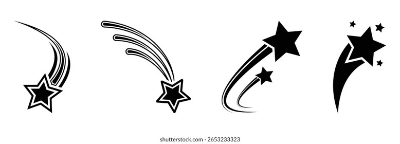 Logotipo do vetor de estrelas. Ícone de estrelas cadentes conjunto de vetores. Ícone de estrelas caindo pretas. Meteoritos e símbolos de cometa. Silhueta abstrata da estrela cadente. Cometa voador com cauda, meteoro caindo, galáxia abstrata.