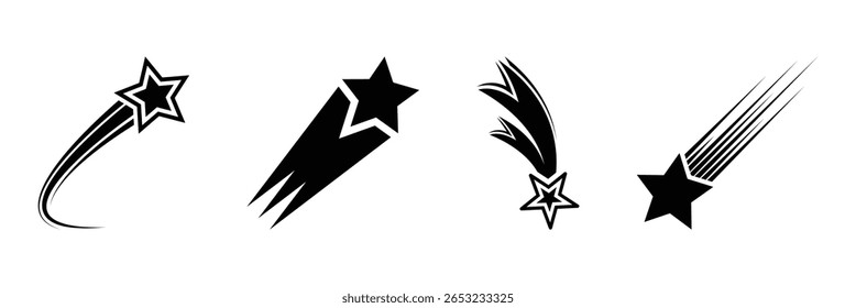 Logotipo do vetor de estrelas. Ícone de estrelas cadentes conjunto de vetores. Ícone de estrelas caindo pretas. Meteoritos e símbolos de cometa. Silhueta abstrata da estrela cadente. Cometa voador com cauda, meteoro caindo, galáxia abstrata.
