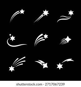 Sterne, Vektorlogo. Sterne-Ikone, Vektorsatz. Schwarze fallende Sterne Symbol. Meteoriten und Kometen. Abstrakte Silhouette der Sternschnuppe. 10 EPS