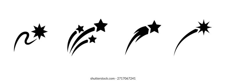 Logotipo del Vector de las estrellas. Conjunto de Vector de icono de estrellas fugaces. Icono de estrellas caídas negras. Símbolos de meteoritos y cometas. Abstractas silueta de estrella fugaz. eps 10