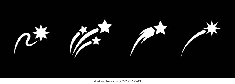 Sterne, Vektorlogo. Sterne-Ikone, Vektorsatz. Schwarze fallende Sterne Symbol. Meteoriten und Kometen. Abstrakte Silhouette der Sternschnuppe. 10 EPS