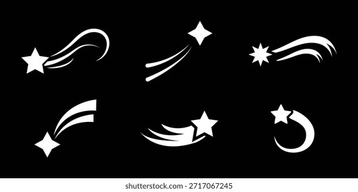 Sterne, Vektorlogo. Sterne-Ikone, Vektorsatz. Schwarze fallende Sterne Symbol. Meteoriten und Kometen. Abstrakte Silhouette der Sternschnuppe. 10 EPS