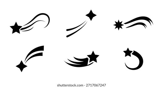 logotipo do vetor stars. Ícone de estrelas cadentes conjunto de vetores. Ícone de estrelas caindo pretas. Meteoritos e símbolos de cometa. Silhueta abstrata de estrela cadente. eps 10