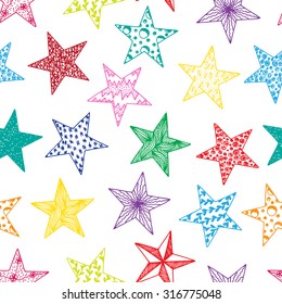 Stars - Vector Seamless pattern. Colorful Stars with different patterns. Hand drawn doodle Stars.