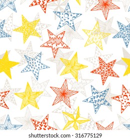 Stars - Vector Seamless pattern. Colorful Stars with different patterns. Hand drawn doodle Stars.