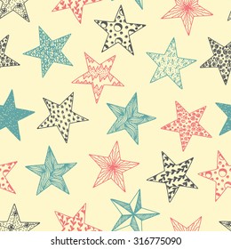 Stars - Vector Seamless pattern. Vintage Stars with different patterns. Hand drawn doodle Stars.