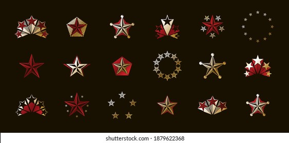 Stars vintage heraldic emblems vector big set, antique heraldry symbolic badges and awards collection with pentagonal stars, classic style design elements, family emblems.