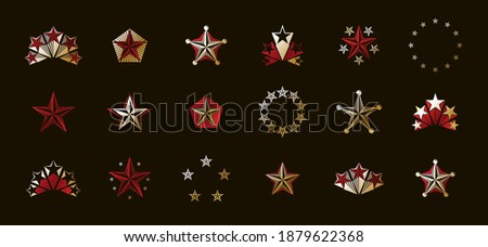 Stars vintage heraldic emblems vector big set, antique heraldry symbolic badges and awards collection with pentagonal stars, classic style design elements, family emblems.