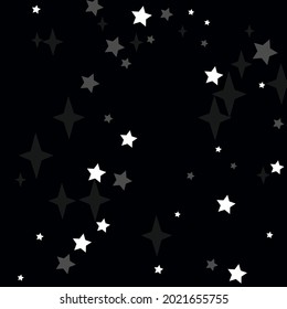 Stars White Black New Year Silver Ornament. Night Dark Winter Cozy Sky Illustration. Bright Christmas Holiday Textile Print Magic Wallpaper. Grey Monochrome Chaotic Mystery Gray Background.