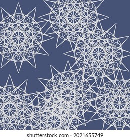 Stars White Luxury Vintage Cold Blue Print Ornamental Illustration. Lace Light Frost Indigo Calm Folk Pastel Mystery Wallpaper. Complicated Chaotic Mandala Ice Winter Grey Silver Dark Pattern.