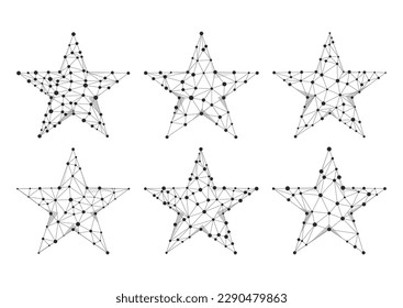 Stars wireframe low poly vector sign set. Black and white christmas star polygon digital award technology. Dot and line triangle monochrome futuristic design element.