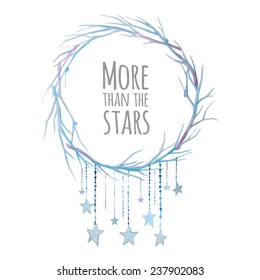 Stars wreath. Watercolor winter branches wreath with star garlands. Pastel blue vector print