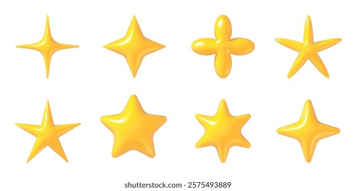 Stars y2k 3d. Golden yellow star shapes in futuristic style. Abstract glossy metal stickers. Vector isolated retro aesthetic trendy realistic elements with reflections.