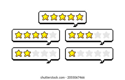 Stars yellow of pixel design. Feedback Rating for sites, travel packages, hotels, online stores, reviews. Vector illustration.