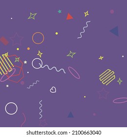 Stars Zigzag Oval Violet Ring Green Hearts Hipster Background. Rectangle Wave Multicolor Square Simple Orange Purple Design Pic. Lime Pink Blue Red Colorful Bright Geometry Illustration.