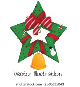 Star-shaped Christmas wreath tied with a red bow Beautifully decorated Christmas vector illustration Cute