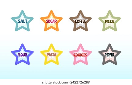 Star-shaped food and condiment storage labels: salt, sugar, coffee, rice, flour, pasta, cookies, pepper
