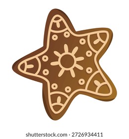 Una galleta de jengibre en forma de estrella decorada con patrones de glaseado. La galleta tiene un color marrón y un diseño festivo, perfecto para celebraciones navideñas.