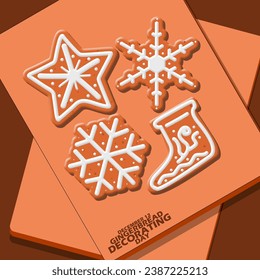 Star-shaped gingerbread cookies, snowflakes and socks decorated on a wooden plate with bold text on a dark brown background to celebrate Gingerbread Decorating Day on December 12