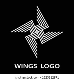 Star-shaped logo design from stripes that form 4 circled wings isolated on black background