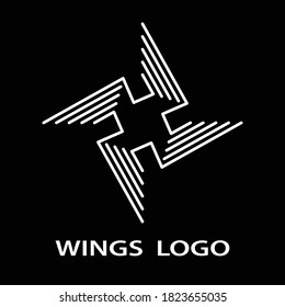 Star-shaped logo design from stripes that form 4 circled wings isolated on black background