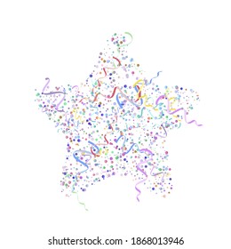 Star-shaped pattern of falling festive pleasing multi colored ribbon, confetti. Admirable bright sparkling background with random particles on white. Template vector Illustration for carnival