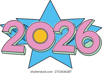 Piezas en forma de estrella que forman “2026” sobre un fondo blanco limpio, concepto festivo, diseño mínimo, perfecto para la celebración del Año Nuevo, arte digital y decoraciones navideñas.