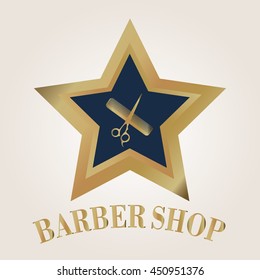 star-shaped shield in gold and blue barber scissors and comb  in white color backdrop