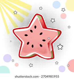 Una rebanada de sandía en forma de estrella en un estilo de cómic retro de arte pop con un efecto de semitono sobre un fondo blanco,
